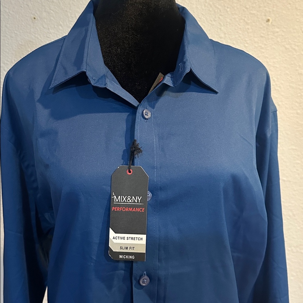 Mix & NY Blue Slim Fit Shirt performance long sleeve bottom up dress shirt mens